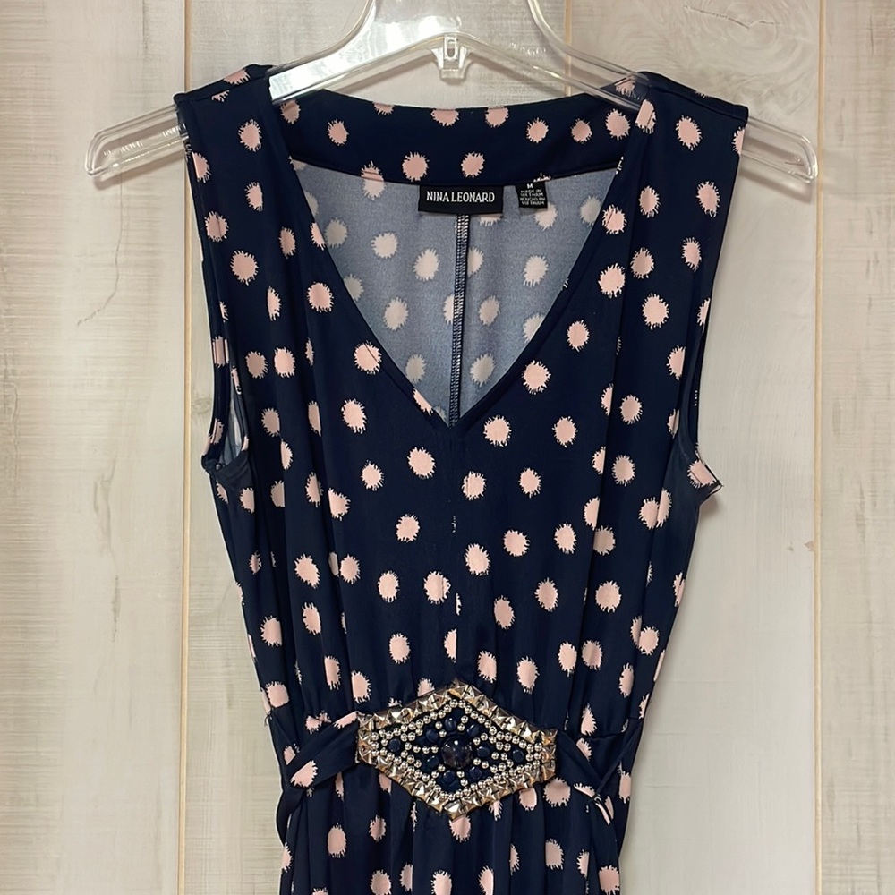 Nina Leonard Navy Pink Polka Dot V Neck Maxi Dress Beaded Accent, Sz M